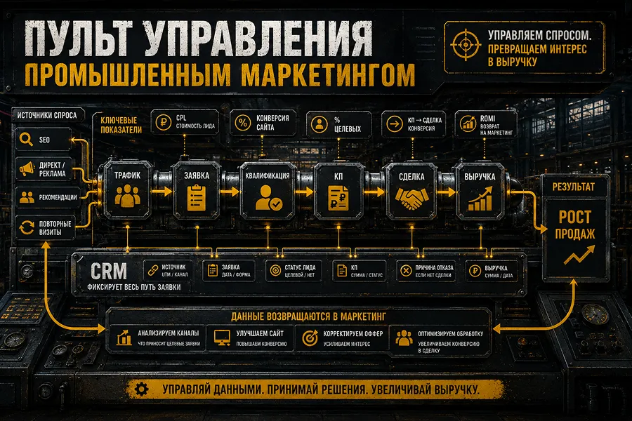 Панель управления промышленным маркетингом с CRM, воронкой продаж, качеством лидов и ROMI